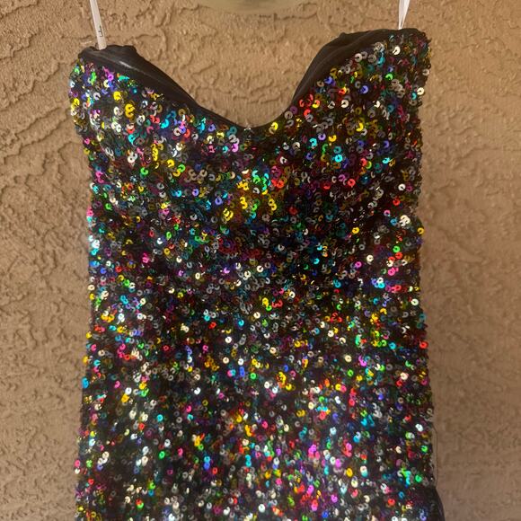 Lulus All that Dazzle Silver Multi Sequin Strapless Bodycon Mini Dress - Picture 3 of 10